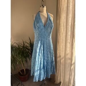 Bandolino Women’s Large Dress Blue Halter Eyelet Cotton Fit Flare Summer Y2K
